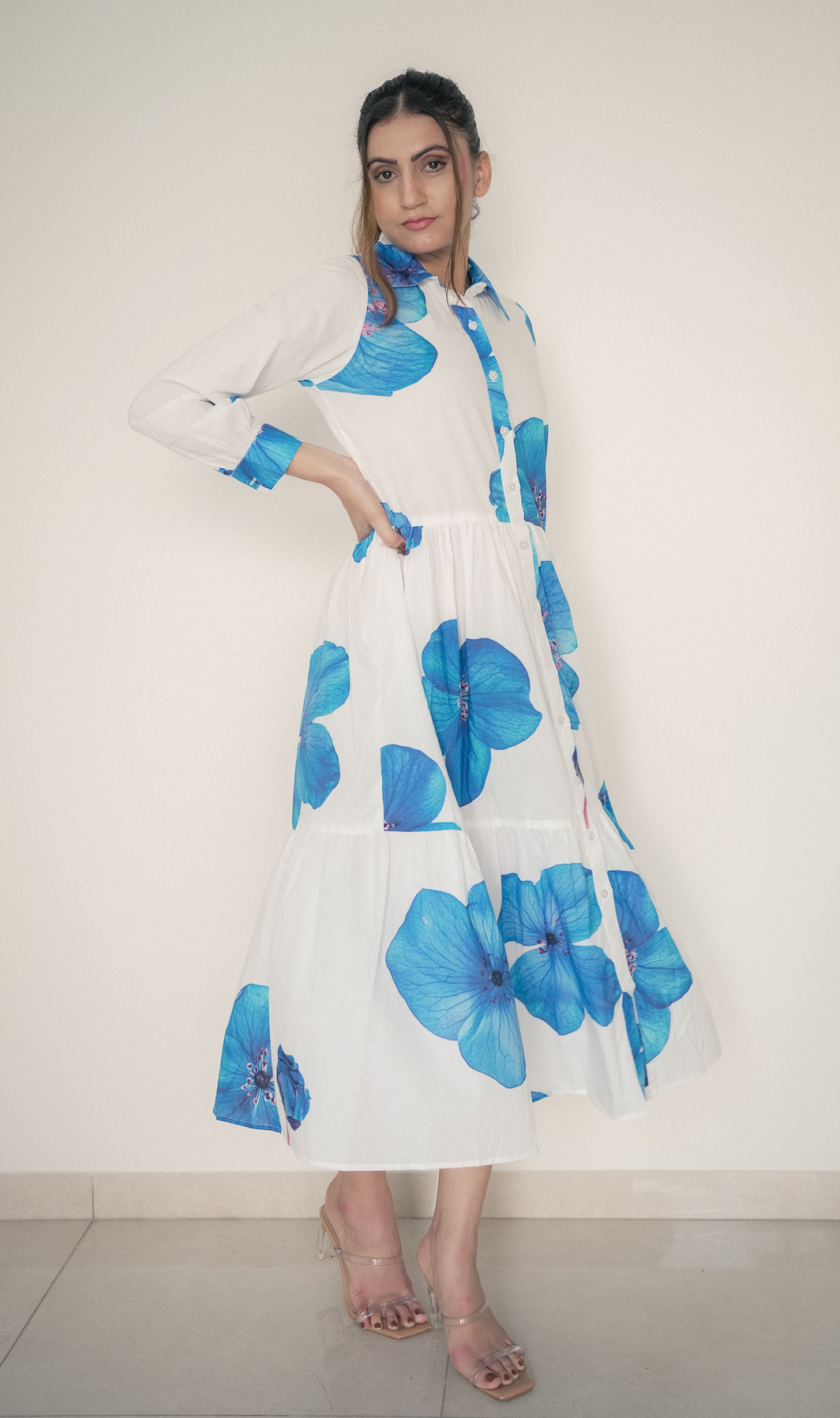 Blue Bloom Button-Down Midi Dress