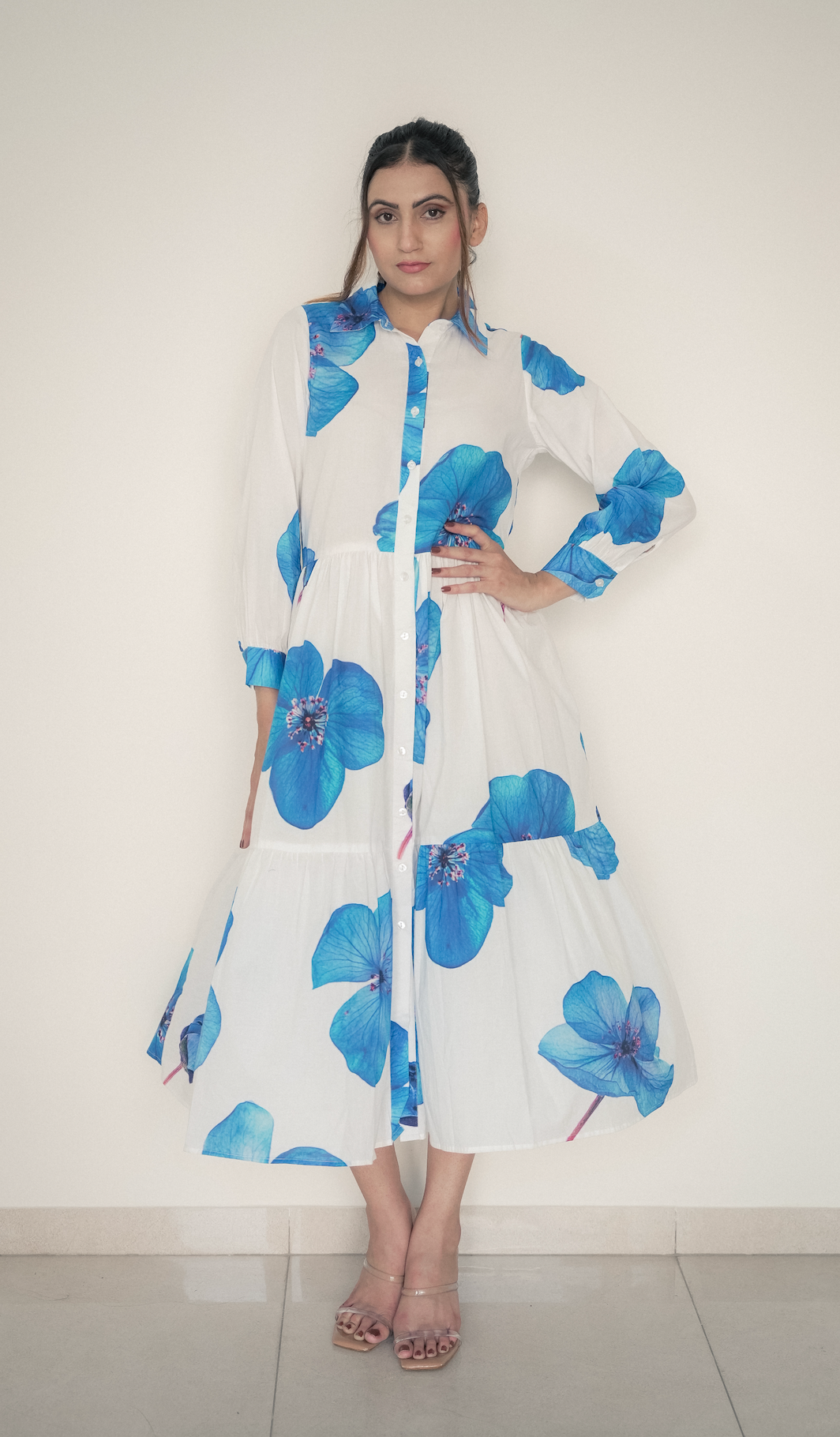 Blue Bloom Button-Down Midi Dress