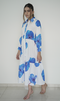 Blue Bloom Button-Down Midi Dress