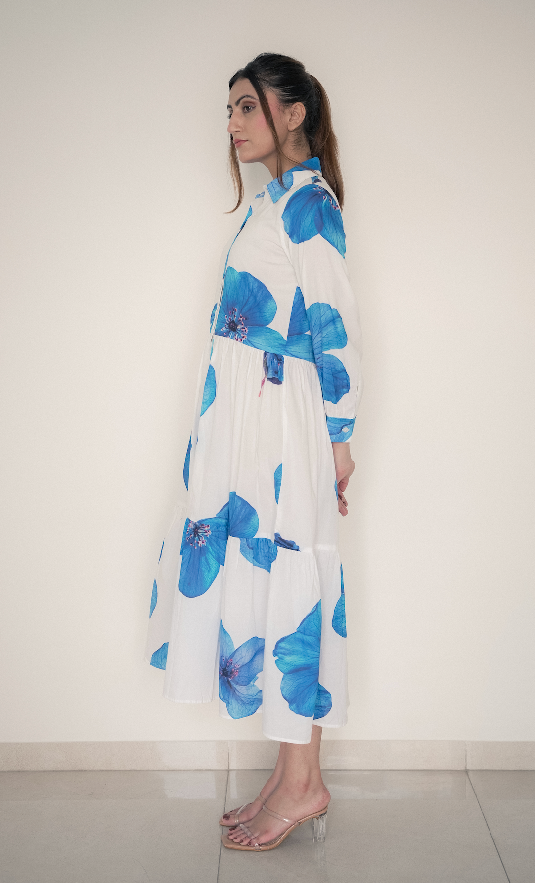 Blue Bloom Button-Down Midi Dress