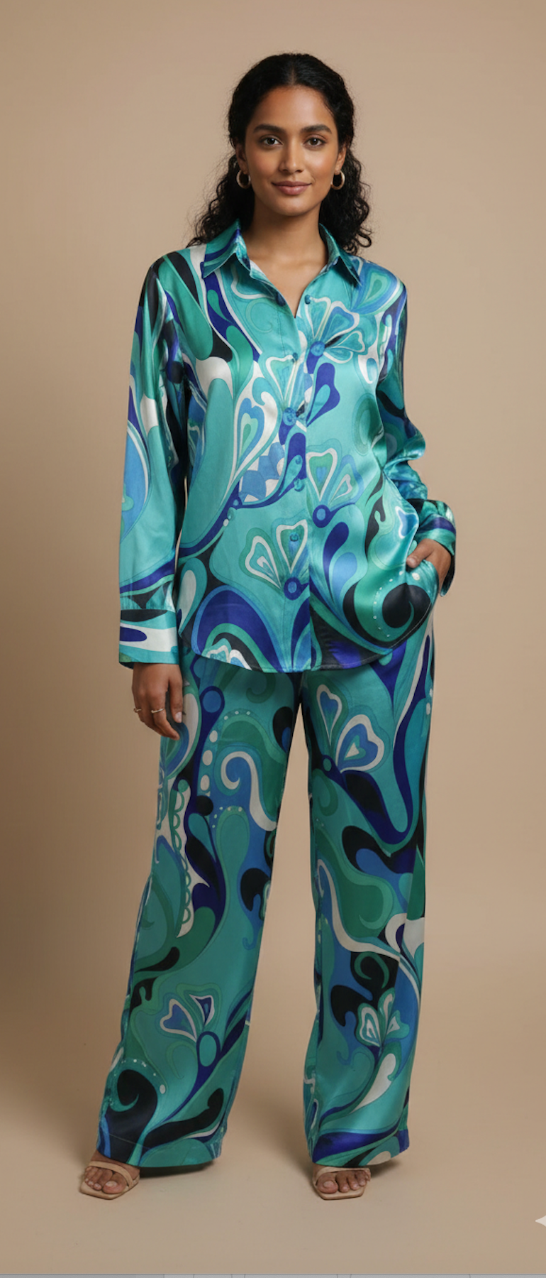 Abstract Print Satin Twin Set