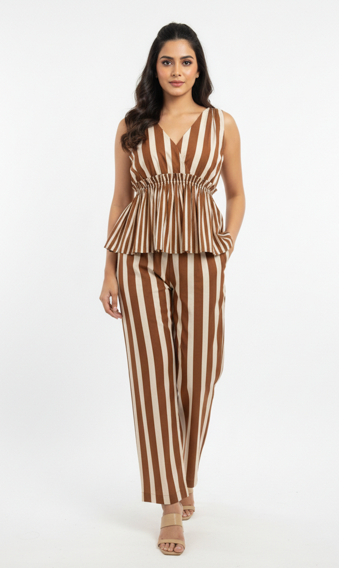Brown Striped Peplum Co-ord Set