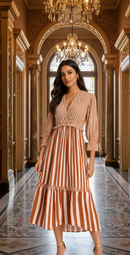 Brown Striped Tiered Midi Dress