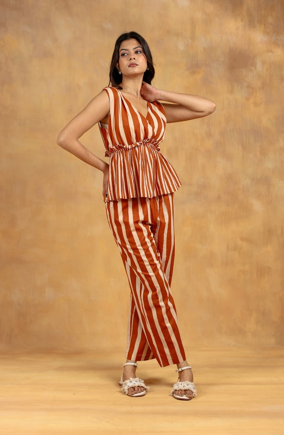 Brown Striped Peplum Co-ord Set