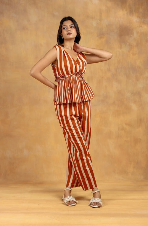 Brown Striped Peplum Co-ord Set