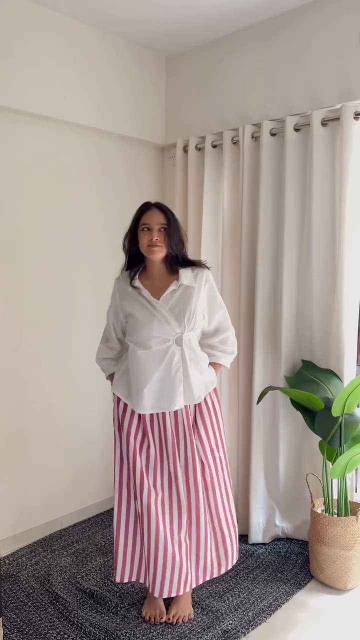 White Wrap Shirt & Pink Striped Skirt Co-Ord Set aartihiran