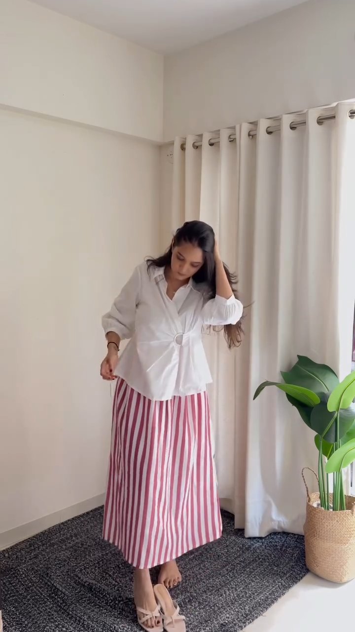 White Wrap Shirt & Pink Striped Skirt Co-Ord Set aartihiran