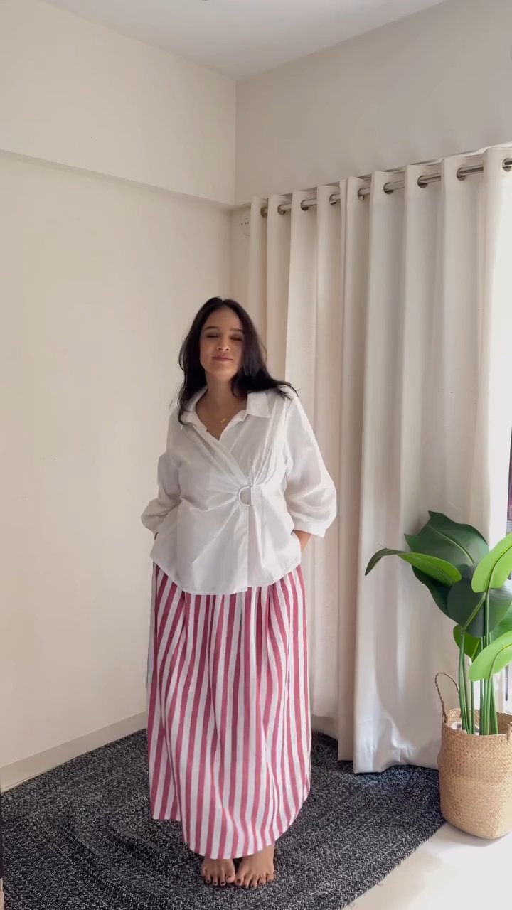 White Wrap Shirt & Pink Striped Skirt Co-Ord Set aartihiran