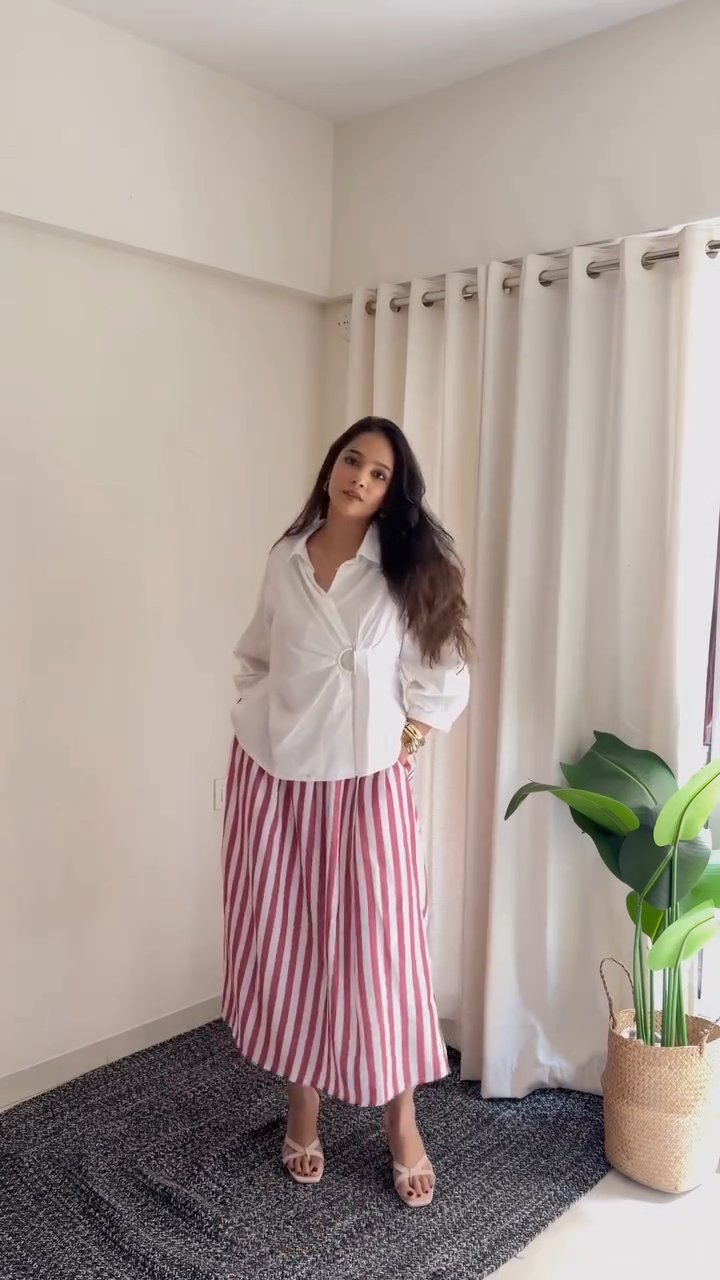 White Wrap Shirt & Pink Striped Skirt Co-Ord Set aartihiran