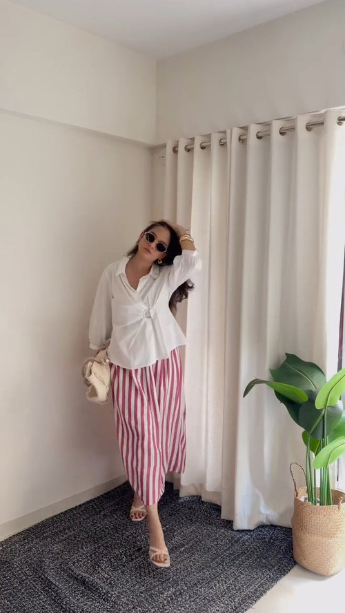 White Wrap Shirt & Pink Striped Skirt Co-Ord Set aartihiran