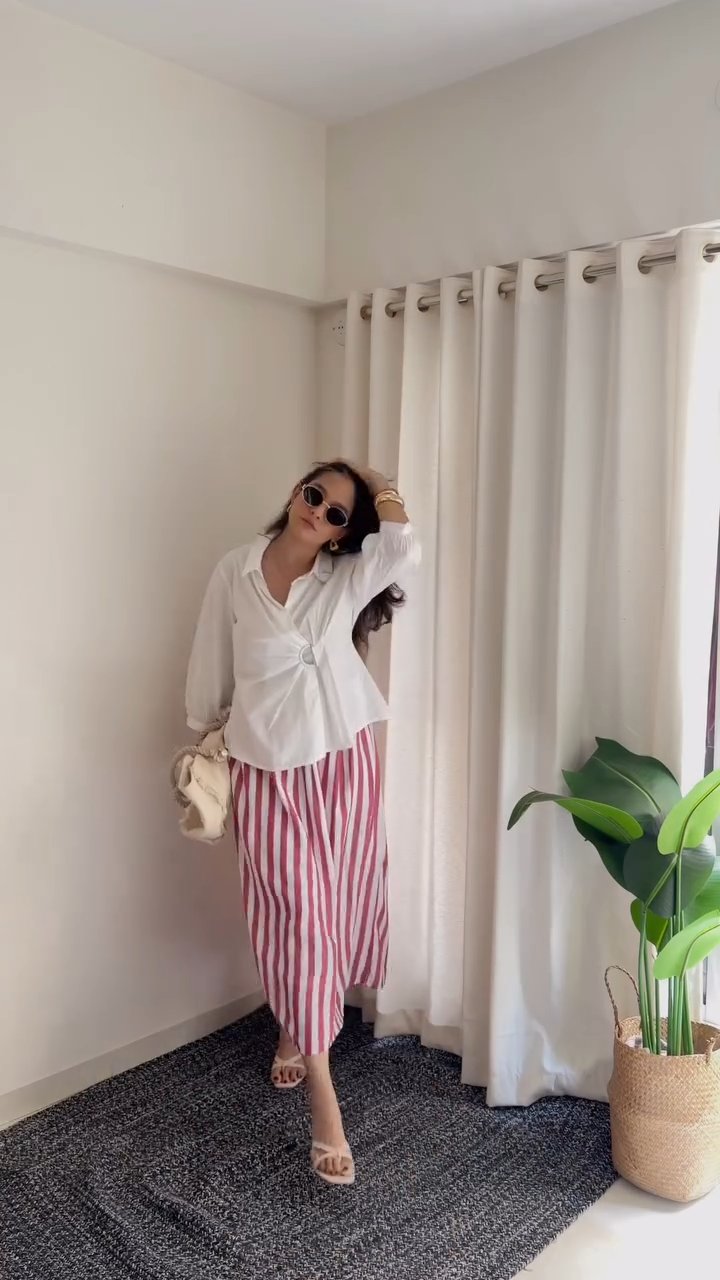 White Wrap Shirt & Pink Striped Skirt Co-Ord Set aartihiran