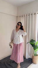 White Wrap Shirt & Pink Striped Skirt Co-Ord Set aartihiran