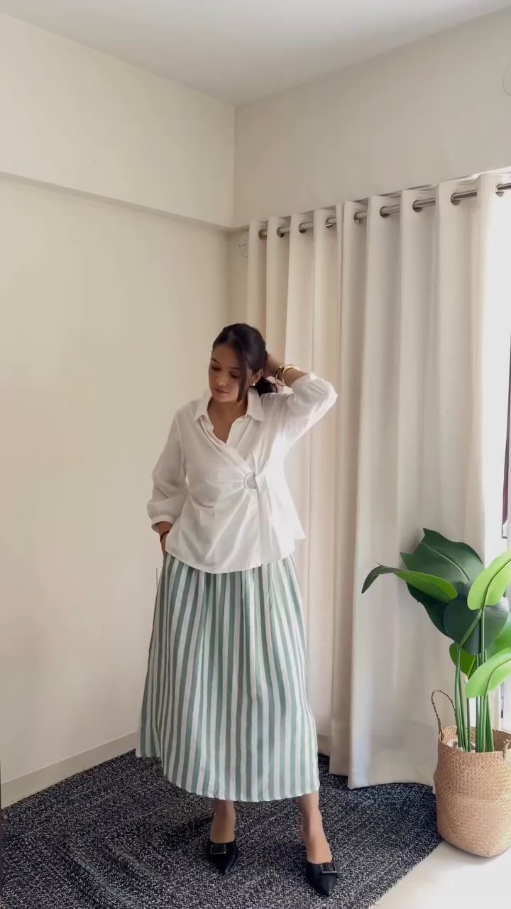White Wrap Shirt & Striped Skirt Co-Ord Set aartihiran