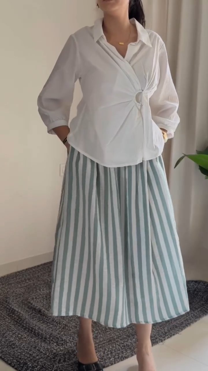 White Wrap Shirt & Striped Skirt Co-Ord Set aartihiran