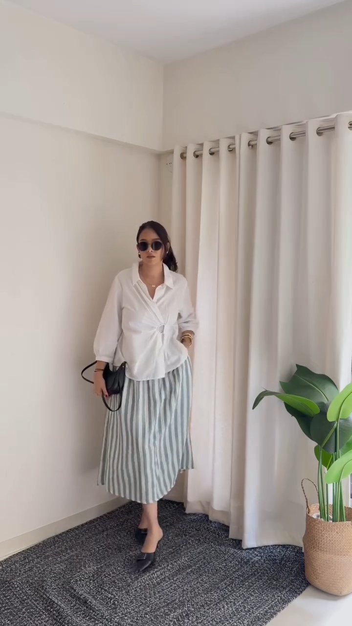White Wrap Shirt & Striped Skirt Co-Ord Set aartihiran