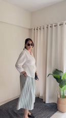 White Wrap Shirt & Striped Skirt Co-Ord Set aartihiran