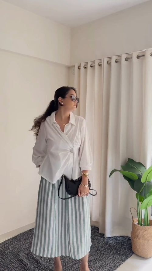 White Wrap Shirt & Striped Skirt Co-Ord Set aartihiran