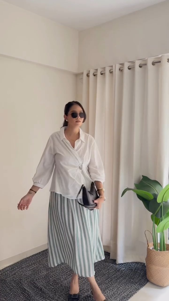 White Wrap Shirt & Striped Skirt Co-Ord Set aartihiran