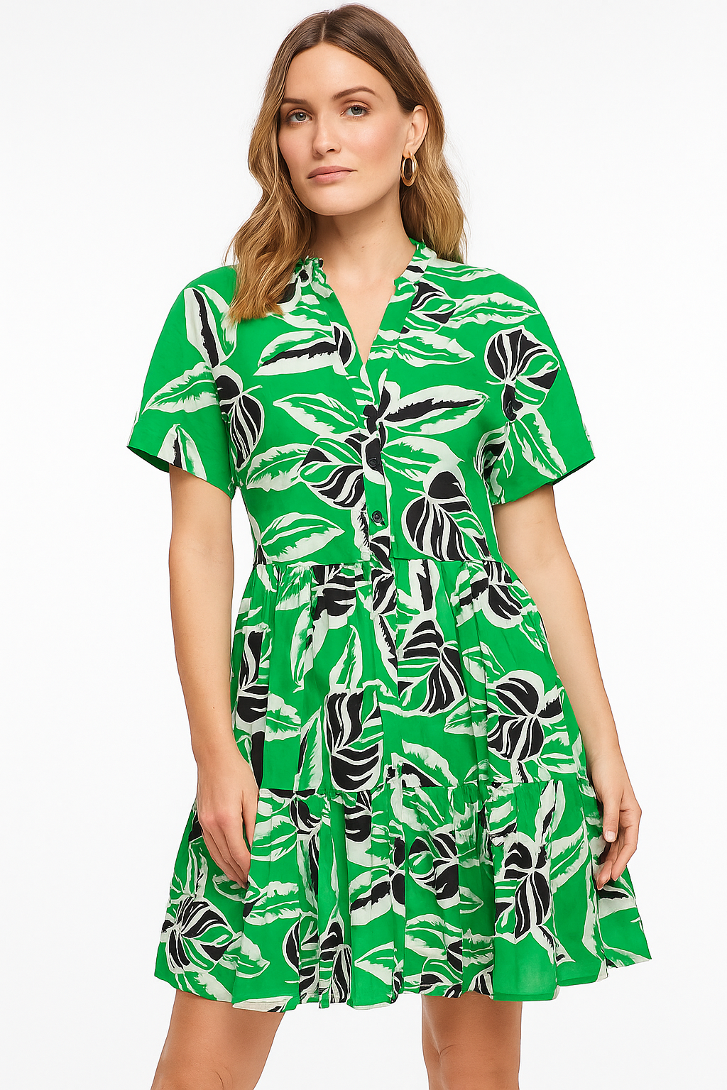 Tropical Leaf Print Button-Front Dress