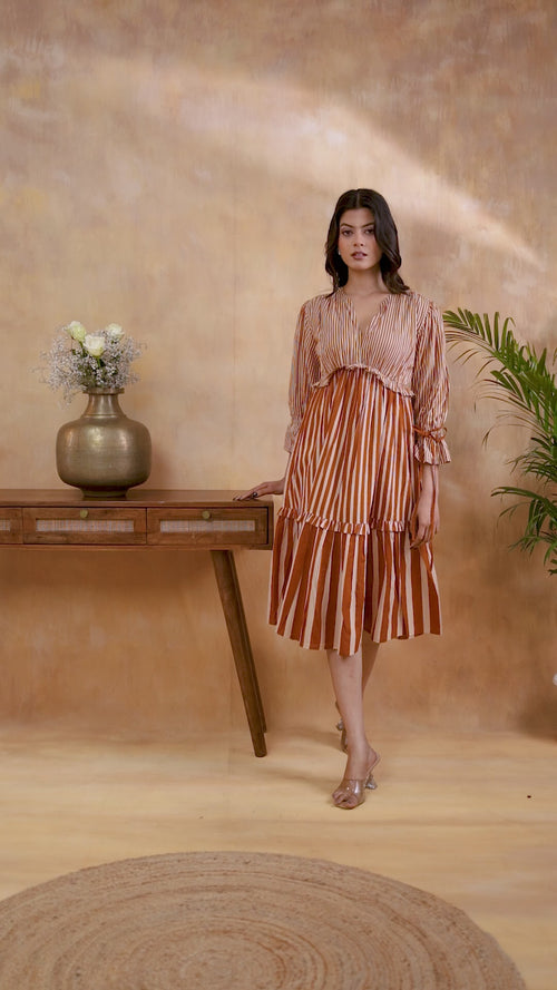 Brown Striped Tiered Midi Dress