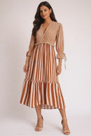 Brown Striped Tiered Midi Dress