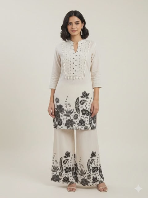 Monochrome Floral Embroidered Kurta & Palazzo Set