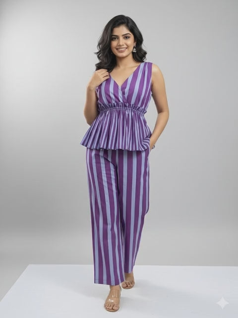 Striped Peplum Top & Straight Pants Co-Ord Set