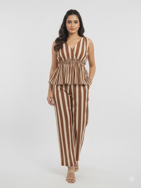 Brown Striped Peplum Co-ord Set