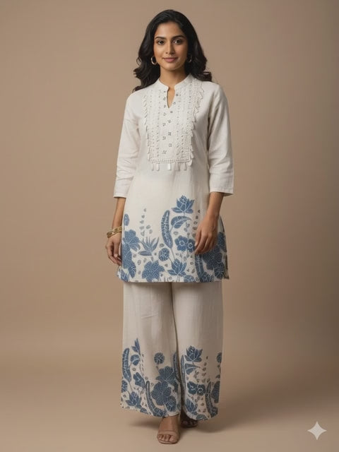Indigo Floral Embroidered Kurta &amp; Palazzo Set