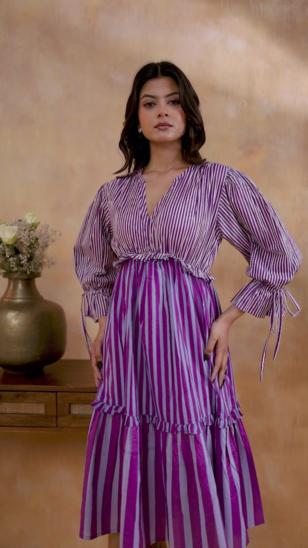 Lilac Striped Tiered Midi Dress