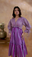 Lilac Striped Tiered Midi Dress