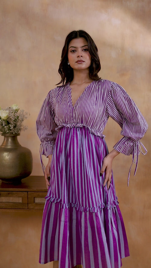 Lilac Striped Tiered Midi Dress